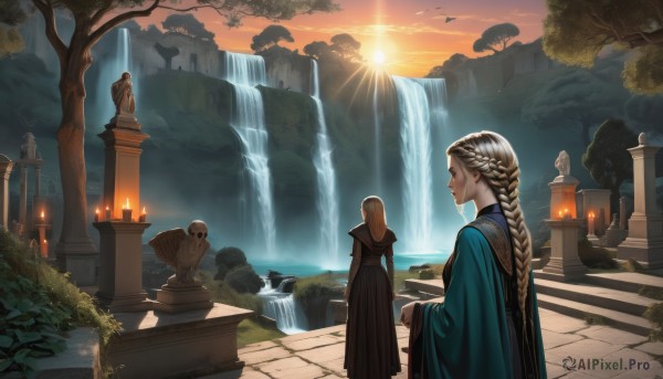 1girl,long hair,multiple girls,blonde hair,dress,2girls,standing,braid,outdoors,sky,hood,water,from behind,tree,lips,single braid,profile,bird,sunlight,fire,scenery,sunset,robe,stairs,fantasy,sun,candle,pillar,waterfall,statue,fountain,solo,cloud