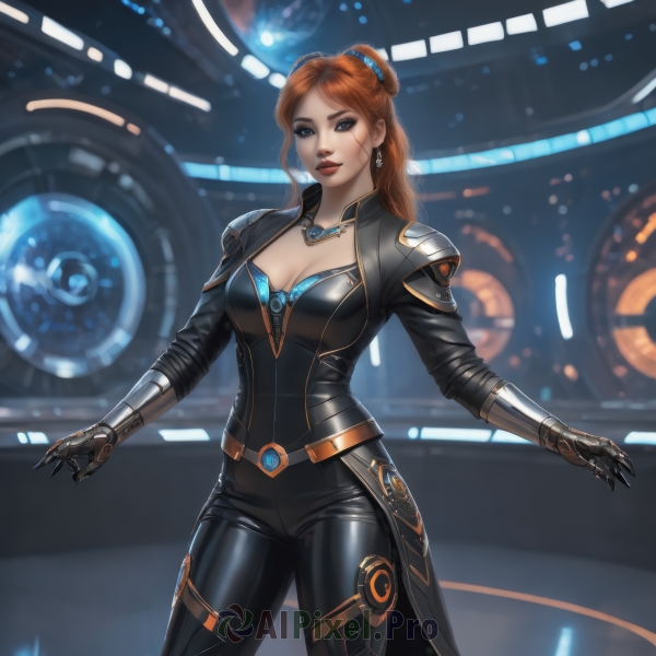 1girl,solo,long hair,breasts,looking at viewer,smile,blue eyes,large breasts,brown hair,gloves,cleavage,jewelry,medium breasts,standing,cowboy shot,earrings,belt,pants,necklace,hair bun,orange hair,mole,lips,bodysuit,makeup,black pants,single hair bun,lipstick,gauntlets,science fiction,black bodysuit,red lips,mechanical arms,red hair,grey eyes,freckles,realistic