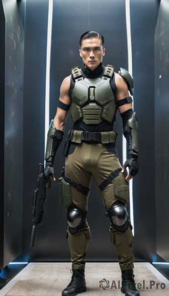 solo,looking at viewer,black hair,gloves,1boy,holding,brown eyes,standing,full body,weapon,male focus,boots,black gloves,belt,pants,fingerless gloves,holding weapon,armor,gun,military,muscular,holding gun,rifle,handgun,science fiction,realistic,assault rifle,knee pads,shoulder pads,elbow pads,bulletproof vest