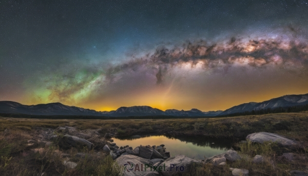 outdoors,sky,cloud,no humans,night,grass,star (sky),nature,night sky,scenery,starry sky,sunset,rock,mountain,river,twilight,evening,landscape,mountainous horizon,gradient sky,sunrise,hill,water,reflection,milky way