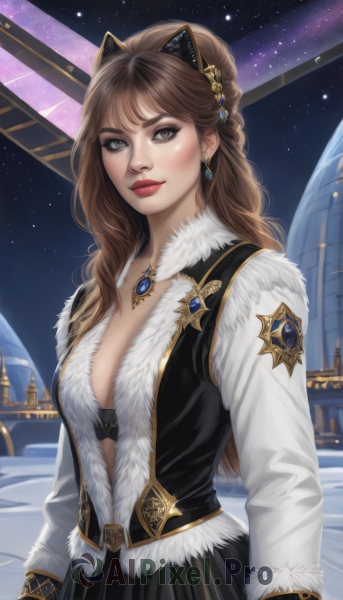 1girl,solo,long hair,breasts,looking at viewer,bangs,skirt,brown hair,hair ornament,long sleeves,animal ears,cleavage,brown eyes,jewelry,medium breasts,closed mouth,underwear,upper body,braid,earrings,sky,cat ears,black skirt,necklace,bra,vest,lips,fur trim,makeup,night,fake animal ears,lipstick,black bra,gem,star (sky),night sky,pendant,starry sky,realistic,nose,red lips,jacket,pleated skirt,hairband,outdoors,open clothes