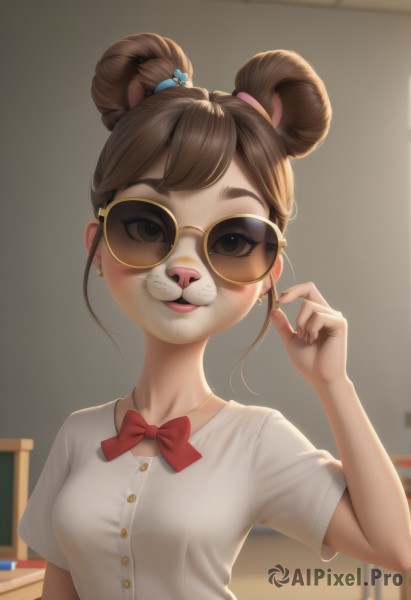 1girl,solo,breasts,looking at viewer,blush,smile,short hair,bangs,brown hair,shirt,hair ornament,bow,animal ears,brown eyes,jewelry,school uniform,white shirt,upper body,short sleeves,earrings,small breasts,parted lips,glasses,teeth,artist name,indoors,hand up,bowtie,necklace,hair bun,blurry,red bow,lips,fingernails,double bun,buttons,blurry background,sunglasses,red bowtie,desk,freckles,mouse ears,round eyewear,classroom,tinted eyewear,bear ears,yellow-framed eyewear,buck teeth,single hair bun,thick eyebrows,realistic,nose