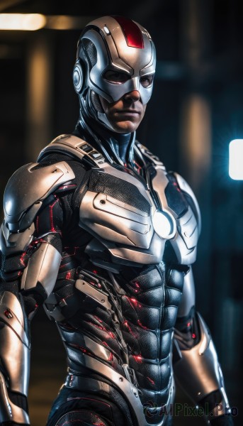 solo,looking at viewer,red eyes,1boy,closed mouth,upper body,male focus,armor,blurry,bodysuit,blurry background,glowing,helmet,science fiction,realistic,cyborg,alien,power armor,mask,muscular,superhero