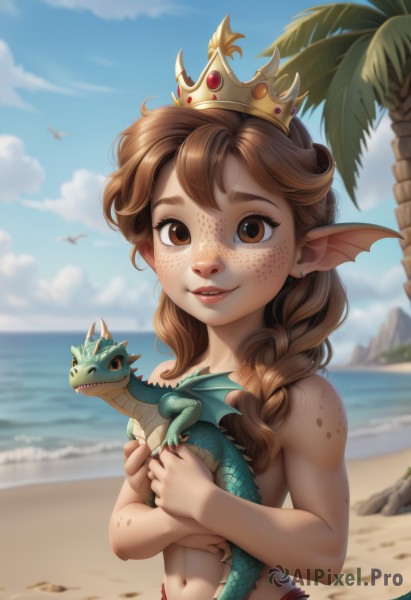 1girl,solo,long hair,breasts,looking at viewer,smile,brown hair,navel,holding,brown eyes,jewelry,swimsuit,braid,bikini,small breasts,outdoors,parted lips,sky,teeth,day,pointy ears,artist name,cloud,water,blurry,twin braids,tree,blue sky,lips,blurry background,bird,ocean,animal,beach,topless,crown,hair over shoulder,freckles,sand,palm tree,dragon,scales,head fins,holding animal,bikini bottom only,upper body,earrings,single braid,cloudy sky,monster girl