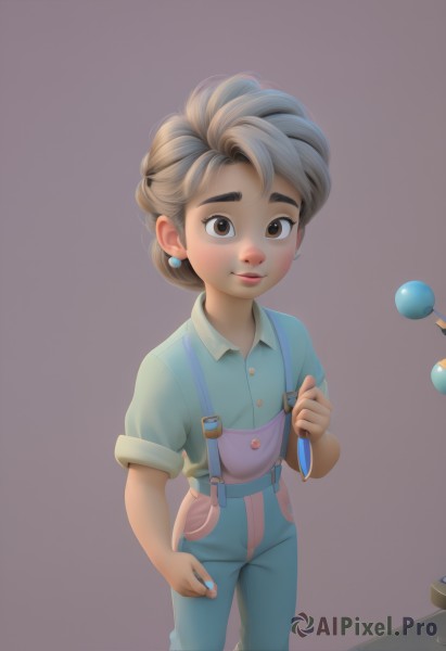 1girl,solo,looking at viewer,smile,short hair,simple background,shirt,brown eyes,jewelry,closed mouth,standing,short sleeves,grey hair,earrings,collared shirt,artist name,nail polish,lips,thick eyebrows,suspenders,blue shirt,child,blue nails,purple background,female child,overalls,blush,brown hair,pants,nose