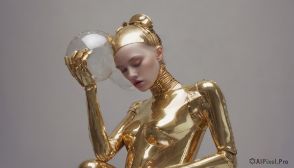 1girl,solo,breasts,short hair,blonde hair,simple background,holding,closed eyes,upper body,small breasts,parted lips,shiny,hand up,grey background,hair bun,lips,bodysuit,single hair bun,skin tight,science fiction,shiny clothes,realistic,latex,latex bodysuit,yellow bodysuit,robot,android,joints,cyborg,gold,robot joints