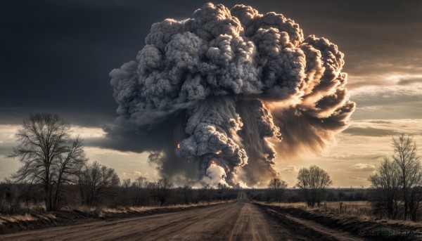 tail,outdoors,sky,artist name,cloud,signature,tree,no humans,cloudy sky,grass,multiple tails,nature,scenery,forest,monster,fire,smoke,road,explosion,bare tree