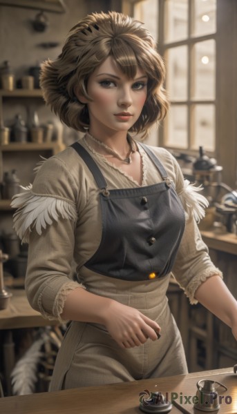 1girl,solo,breasts,looking at viewer,short hair,bangs,brown hair,shirt,long sleeves,brown eyes,jewelry,standing,cowboy shot,indoors,necklace,blurry,apron,lips,window,depth of field,blurry background,table,feathers,grey shirt,realistic,nose,red lips,overalls,kitchen,counter,blush,medium breasts,collarbone,parted lips,backlighting,freckles