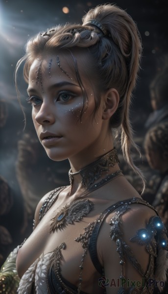 1girl,solo,long hair,breasts,blue eyes,blonde hair,hair ornament,cleavage,bare shoulders,jewelry,medium breasts,collarbone,upper body,ponytail,parted lips,solo focus,choker,artist name,necklace,blurry,lips,eyelashes,blurry background,high ponytail,looking up,gem,freckles,circlet,realistic,nose,dress,mole,makeup,watermark,mole under mouth