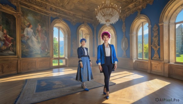 1girl,looking at viewer,smile,short hair,bangs,multiple girls,brown hair,shirt,long sleeves,1boy,dress,2girls,jewelry,blue hair,standing,jacket,white shirt,pink hair,earrings,open clothes,shoes,day,pants,indoors,high heels,open jacket,tree,window,black pants,blue jacket,scenery,walking,blue coat,painting (object),reflective floor,chandelier,blue eyes,multiple boys,sky,alternate costume,2boys,scar,reflection,robe,wide shot,carpet,portrait (object)