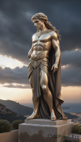 solo,long hair,brown hair,1boy,jewelry,standing,full body,male focus,outdoors,sky,cloud,necklace,cape,tree,muscular,facial hair,abs,sandals,cloudy sky,pectorals,muscular male,topless male,mountain,bracer,manly,statue,cliff,navel,closed mouth,nipples,barefoot,artist name,bracelet,sunlight,sunset,rock,anklet,gold,sunrise,laurel crown