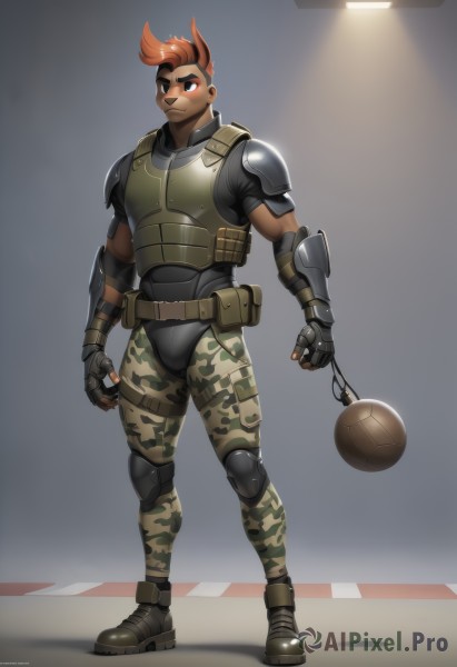 solo,short hair,brown hair,gloves,1boy,full body,male focus,red hair,multicolored hair,boots,belt,pants,artist name,dark skin,fingerless gloves,orange hair,armor,two-tone hair,military,muscular,dark-skinned male,thick eyebrows,shoulder armor,pouch,breastplate,knee pads,shoulder pads,camouflage,explosive,elbow pads,mohawk,combat boots,bulletproof vest,camouflage pants,body armor,looking at viewer,holding,brown eyes,closed mouth,standing,black gloves,signature,grey background,black footwear,black eyes,vest,spiked hair,gauntlets,pauldrons,armored boots,very short hair,undercut,leg armor