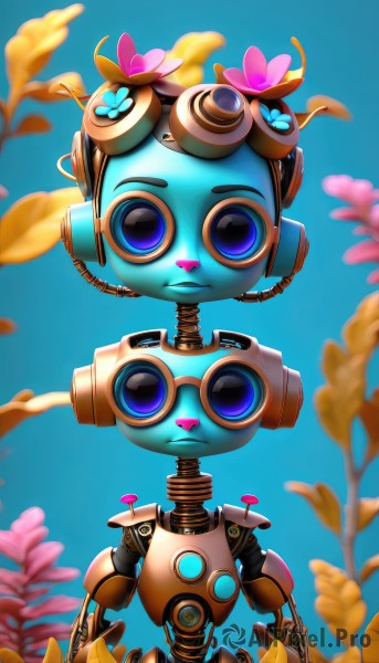 solo,looking at viewer,blue eyes,standing,flower,outdoors,sky,hair flower,blurry,blue sky,petals,no humans,blurry background,leaf,blue background,robot,mecha,straight-on,humanoid robot,non-humanoid robot,1girl,hair ornament,artist name,plant,goggles,pink flower,goggles on head