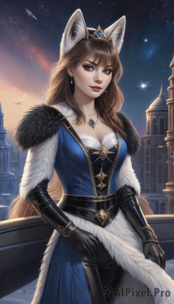 1girl,solo,long hair,breasts,looking at viewer,smile,bangs,brown hair,gloves,dress,animal ears,cleavage,brown eyes,jewelry,medium breasts,very long hair,closed mouth,standing,cowboy shot,earrings,outdoors,sky,black gloves,belt,pants,artist name,necklace,mole,lips,animal ear fluff,fur trim,fox ears,makeup,night,blue dress,watermark,black pants,tiara,crown,lipstick,gem,star (sky),night sky,pendant,starry sky,red lips,castle,wolf ears,extra ears,realistic,shooting star