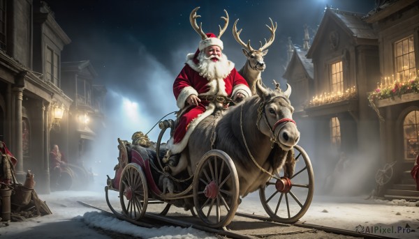 HQ,gloves,1boy,hat,white hair,male focus,outdoors,multiple boys,sky,fur trim,bell,night,facial hair,animal,ground vehicle,building,star (sky),night sky,christmas,red headwear,beard,snow,santa hat,santa costume,mustache,riding,sack,antlers,house,lamppost,horse,chimney,reindeer,reins,saddle,long sleeves,sitting,flower,window,scenery,starry sky,lantern,snowing,multiple others,wreath,wheel,cart