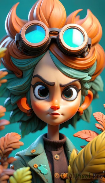 1girl,solo,looking at viewer,short hair,jewelry,closed mouth,green eyes,jacket,upper body,earrings,green hair,open clothes,artist name,orange hair,blurry,black eyes,sweater,open jacket,lips,buttons,depth of field,turtleneck,leaf,watermark,blue background,plant,goggles,portrait,freckles,goggles on head,denim jacket,blue eyes,simple background,parted lips,spiked hair,web address,aqua background