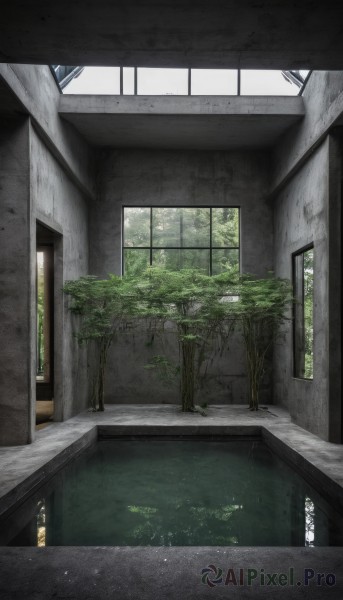 outdoors,day,artist name,indoors,signature,water,tree,no humans,window,sunlight,plant,nature,scenery,forest,door,pillar,hallway,moss,stairs,ruins,overgrown