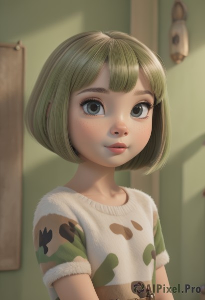 1girl,solo,looking at viewer,smile,short hair,bangs,blonde hair,shirt,closed mouth,white shirt,upper body,short sleeves,artist name,indoors,blurry,black eyes,lips,grey eyes,eyelashes,blurry background,bob cut,animal print,child,freckles,nose,female child,print shirt,blue eyes,collarbone,green hair,fur trim,watermark,realistic,green shirt