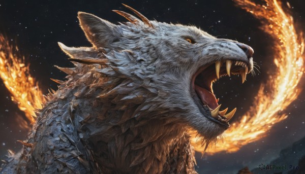 solo,open mouth,yellow eyes,upper body,outdoors,horns,sky,teeth,tongue,orange eyes,no humans,night,fangs,fire,sharp teeth,star (sky),night sky,claws,spikes,starry sky,monster,scales,breathing fire,kaijuu,from side,animal,dragon