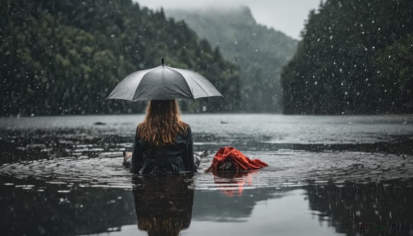 The timeless beauty of a female in a tranquil rainy outdoors