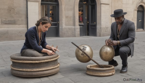 1girl,brown hair,shirt,long sleeves,1boy,hat,holding,jewelry,sitting,jacket,earrings,outdoors,shoes,pants,indoors,dark skin,necklace,hair bun,black footwear,black jacket,black headwear,facial hair,black pants,formal,squatting,single hair bun,ring,suit,rope,beard,watch,cigarette,mustache,door,smoking,grey pants,long hair,black hair,closed mouth,closed eyes,open clothes,bracelet,open jacket,window,building,sneakers,realistic,wristwatch,old,coin,gold chain