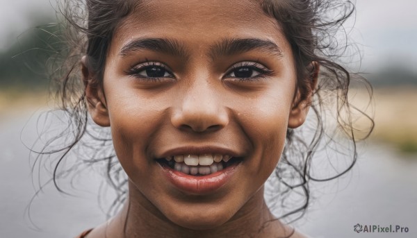 1girl,solo,looking at viewer,smile,open mouth,brown hair,black hair,teeth,dark skin,grin,blurry,black eyes,dark-skinned female,lips,blurry background,messy hair,portrait,realistic,short hair,1boy,male focus,eyelashes,close-up