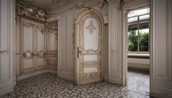 day,indoors,tree,no humans,window,plant,scenery,stairs,door,architecture,tile floor,pillar,hallway,arch,chandelier,column,wooden floor,clock,wall,floor,brick floor