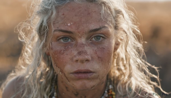 1girl,solo,long hair,looking at viewer,blue eyes,blonde hair,jewelry,closed mouth,white hair,parted lips,necklace,blurry,lips,wet,grey eyes,eyelashes,depth of field,blurry background,wavy hair,portrait,close-up,freckles,curly hair,realistic,wet hair,straight-on,dirty,mole on cheek,green eyes,blood,blood on face,nose