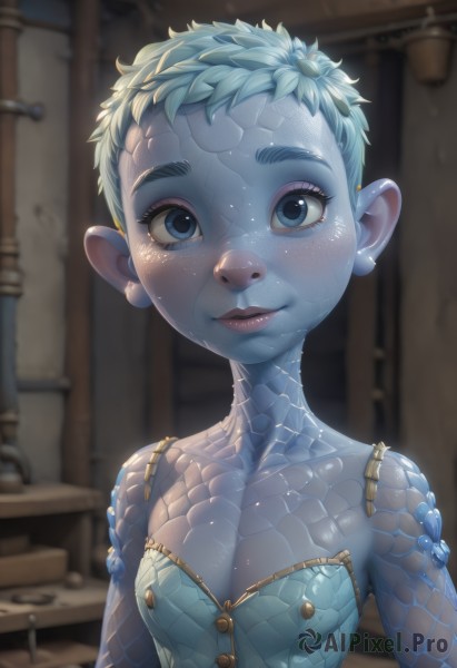 1girl,solo,breasts,looking at viewer,smile,short hair,blue eyes,cleavage,bare shoulders,collarbone,upper body,small breasts,green hair,pointy ears,indoors,blurry,lips,eyelashes,makeup,depth of field,blurry background,colored skin,monster girl,freckles,blue skin,scales,very short hair,blush,jewelry,blue hair,earrings,thick eyebrows,genderswap,genderswap (mtf),nose