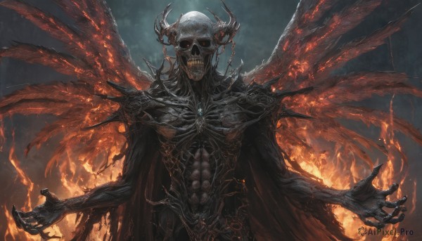 solo,looking at viewer,red eyes,1boy,upper body,male focus,wings,horns,teeth,cape,no humans,glowing,abs,fire,demon horns,glowing eyes,claws,skull,monster,ribs,skeleton,flame,demon,demon boy,embers,burning,chain,feathers,feathered wings,fantasy,extra arms,extra eyes