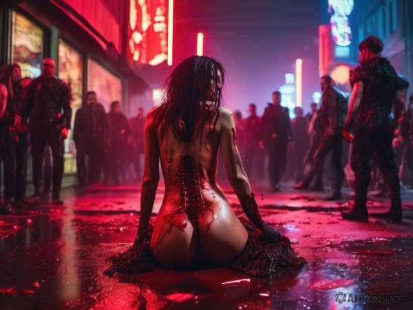 1girl,long hair,black hair,sitting,weapon,ass,nude,outdoors,multiple boys,solo focus,from behind,blurry,gun,completely nude,blood,night,depth of field,back,building,reflection,science fiction,6+boys,city,facing away,cyborg,crowd,cyberpunk,reflective floor,neon lights,pool of blood,thighhighs,gloves,jewelry,standing,boots,black gloves,pants,black footwear,bracelet,wet,tattoo,blurry background,watermark,wariza,web address,motor vehicle,rain,thong,realistic,road,street,puddle