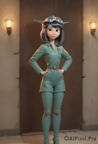 1girl,solo,breasts,looking at viewer,smile,short hair,bangs,black hair,long sleeves,brown eyes,closed mouth,standing,full body,boots,belt,artist name,signature,medium hair,black eyes,high heels,lips,bodysuit,headgear,goggles,pocket,goggles on head,hands on hips,knee pads,jumpsuit,alley,uniform,military,military uniform,watermark,web address,lamp