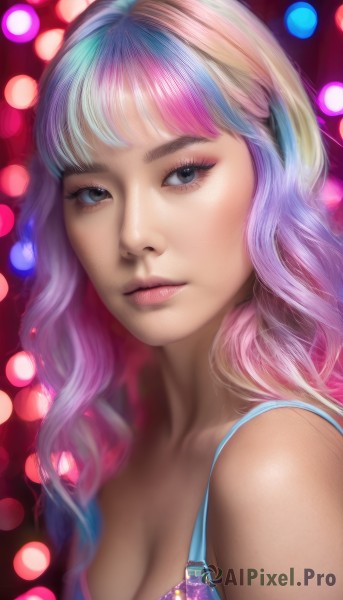 1girl,solo,long hair,breasts,looking at viewer,bangs,cleavage,bare shoulders,medium breasts,closed mouth,underwear,blue hair,collarbone,upper body,pink hair,purple hair,multicolored hair,artist name,bra,blurry,black eyes,two-tone hair,lips,grey eyes,eyelashes,gradient hair,makeup,watermark,web address,eyeshadow,realistic,nose,rainbow hair,blue eyes,shiny,streaked hair,depth of field,wavy hair,expressionless,lipstick,portrait,pink lips,eyeliner,mascara