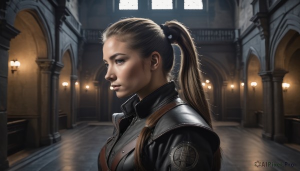 1girl,solo,long hair,looking at viewer,blue eyes,blonde hair,brown hair,hair ornament,upper body,ponytail,armor,lips,shoulder armor,realistic,nose,leather,breasts,cleavage,jewelry,medium breasts,earrings,indoors,profile,light,pillar