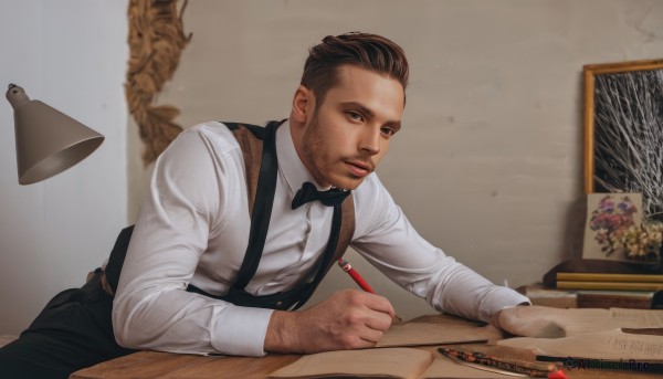 solo,looking at viewer,short hair,brown hair,shirt,long sleeves,1boy,bow,holding,brown eyes,white shirt,male focus,collared shirt,pants,indoors,bowtie,black bow,muscular,facial hair,black pants,suspenders,muscular male,beard,black bowtie,realistic,pen,lamp,undercut,pencil,drawing,writing,arm hair,sitting,book,stubble,holding pen,painting (object)