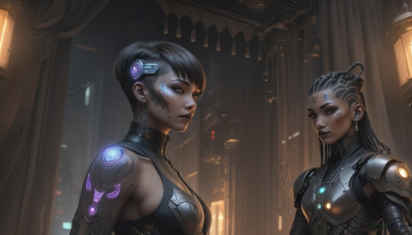 long hair,breasts,short hair,multiple girls,black hair,2girls,jewelry,medium breasts,upper body,earrings,dark skin,hair bun,armor,dark-skinned female,lips,tattoo,makeup,facial mark,science fiction,realistic,nose,facial tattoo,cyborg,very dark skin,cyberpunk,dreadlocks,looking at viewer,bangs,blue eyes,brown eyes,glowing,asymmetrical hair,power armor