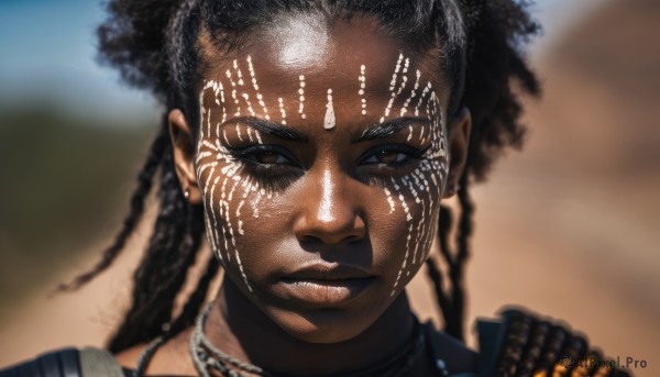 1girl,solo,looking at viewer,black hair,brown eyes,jewelry,closed mouth,braid,earrings,shiny,dark skin,necklace,blurry,twin braids,dark-skinned female,lips,blurry background,facial mark,portrait,facepaint,very dark skin,dreadlocks,tribal,long hair,close-up,realistic