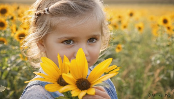 1girl,solo,looking at viewer,short hair,blonde hair,shirt,holding,brown eyes,white shirt,upper body,flower,outdoors,day,artist name,signature,blurry,grey eyes,depth of field,blurry background,wind,child,portrait,realistic,yellow flower,sunflower,holding flower,female child,field,flower field