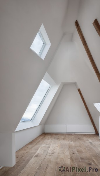 sky,day,cloud,indoors,blue sky,no humans,window,shadow,curtains,scenery,reflection,wooden floor,door,wall,floor,hallway,reflective floor,paper,still life