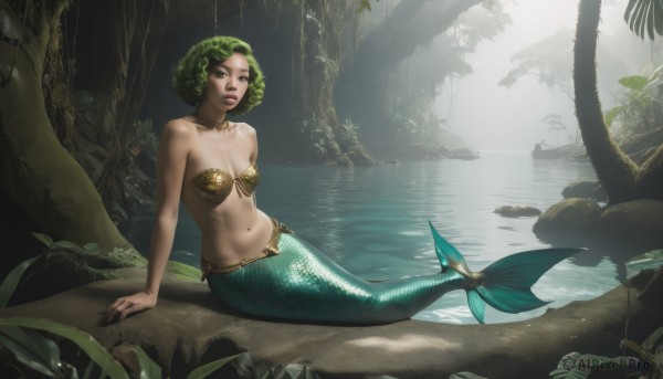 1girl,solo,breasts,looking at viewer,short hair,navel,cleavage,bare shoulders,brown eyes,jewelry,medium breasts,sitting,swimsuit,full body,bikini,outdoors,parted lips,green hair,water,tree,lips,arm support,plant,monster girl,nature,forest,curly hair,rock,realistic,scales,mermaid,lake,green eyes,choker,leaf,shell,shell bikini,seaweed