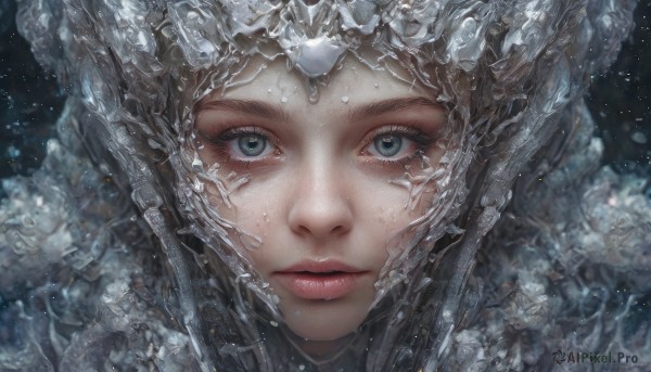 1girl,solo,looking at viewer,blue eyes,parted lips,artist name,blurry,lips,grey eyes,eyelashes,portrait,snow,close-up,ice,crystal,snowing,realistic,red lips,straight-on,black hair,green eyes,water,expressionless,helmet,light particles,freckles,nose