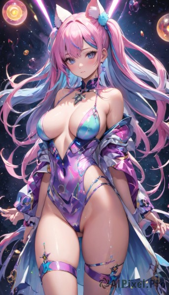 1girl,solo,long hair,breasts,looking at viewer,blush,smile,bangs,blue eyes,large breasts,animal ears,cleavage,bare shoulders,twintails,jewelry,closed mouth,blue hair,standing,pink hair,thighs,multicolored hair,cowboy shot,earrings,open clothes,virtual youtuber,cat ears,off shoulder,nail polish,two-tone hair,leotard,two side up,streaked hair,groin,animal ear fluff,wrist cuffs,covered navel,skindentation,thigh strap,detached collar,highleg,ass visible through thighs,skin tight,extra ears,highleg leotard,bubble,colored inner hair,blue leotard,purple leotard,hair ornament,medium breasts,collarbone,jacket,swimsuit,shiny,shiny skin