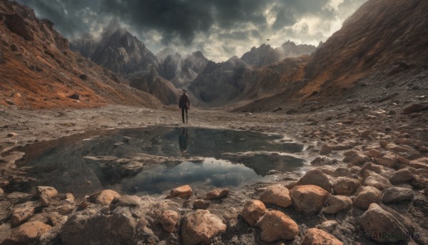 solo,1boy,standing,male focus,outdoors,sky,day,pants,cloud,water,from behind,black pants,cloudy sky,scenery,reflection,rock,mountain,wide shot,landscape,1girl,1other,facing away,mountainous horizon,cliff