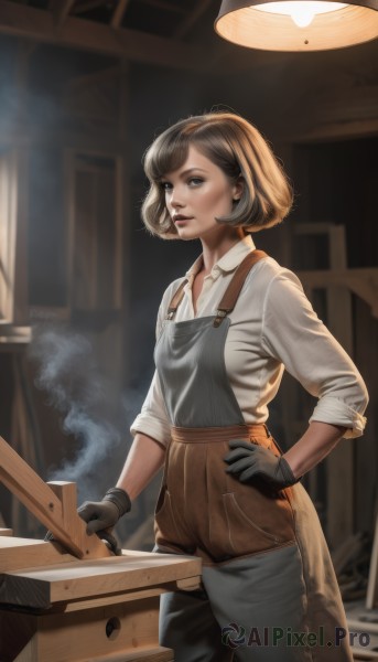 1girl,solo,breasts,short hair,brown hair,shirt,gloves,brown eyes,standing,white shirt,black gloves,collared shirt,indoors,blurry,lips,hand on hip,blurry background,sleeves rolled up,smoke,realistic,nose,overalls,looking at viewer,bangs,long sleeves,holding,collarbone,cowboy shot,parted lips,pants,apron,from side,dress shirt,swept bangs,bob cut,wing collar,brown gloves,lamp,brown pants,dirty,sleeves pushed up