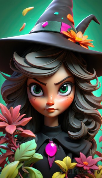 1girl,solo,long hair,looking at viewer,bangs,black hair,hat,closed mouth,green eyes,upper body,flower,grey hair,artist name,lips,gradient,petals,gradient background,eyelashes,black headwear,makeup,witch hat,frown,leaf,lipstick,brooch,gem,portrait,pink flower,freckles,green background,nose,witch,orange flower,brown hair