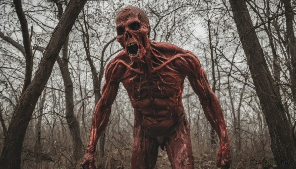 solo,open mouth,1boy,standing,weapon,male focus,outdoors,teeth,tree,no humans,blood,muscular,abs,sharp teeth,nature,forest,veins,skull,monster,bare tree,horror (theme),holding,nude,skeleton