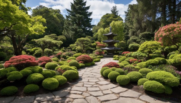 outdoors,sky,day,cloud,tree,blue sky,no humans,cloudy sky,grass,building,nature,scenery,forest,road,bush,architecture,east asian architecture,path,pavement,stone lantern,plant,shrine