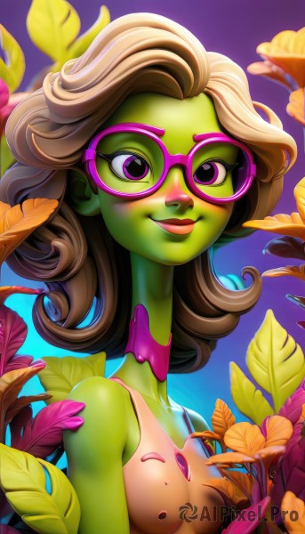 1girl,solo,long hair,breasts,looking at viewer,smile,brown hair,medium breasts,purple eyes,upper body,flower,glasses,sleeveless,artist name,pink eyes,lips,makeup,colored skin,leaf,plant,lipstick,eyeshadow,curly hair,green skin,tinted eyewear,blush,dress,bare shoulders,collarbone,multicolored hair,small breasts,blurry,gradient,gradient background,eyelashes,blue background,purple background,flipped hair,pink-framed eyewear,yellow skin,orange skin