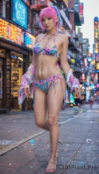 1girl,solo,breasts,looking at viewer,bangs,blue eyes,navel,cleavage,jewelry,medium breasts,standing,swimsuit,full body,ponytail,pink hair,bikini,outdoors,necklace,stomach,nail polish,blurry,lips,legs,toes,blurry background,side-tie bikini bottom,halterneck,piercing,floral print,sandals,ring,pink nails,walking,toenails,city,realistic,toenail polish,road,navel piercing,print bikini,street,photo background,multicolored bikini,short hair,jacket,medium hair,high heels