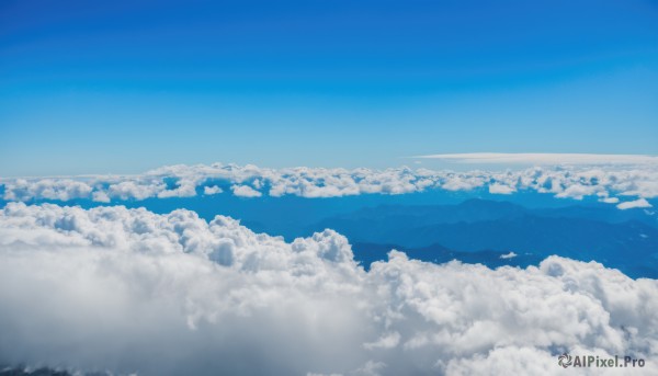 monochrome,outdoors,sky,day,cloud,blue sky,no humans,ocean,cloudy sky,nature,scenery,forest,blue theme,mountain,horizon,landscape,bird,above clouds